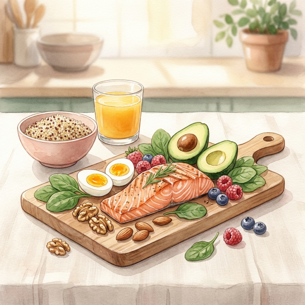 Dinh dưỡng thai kỳ: Cá hồi, bơ, trứng, hạt và rau xanh